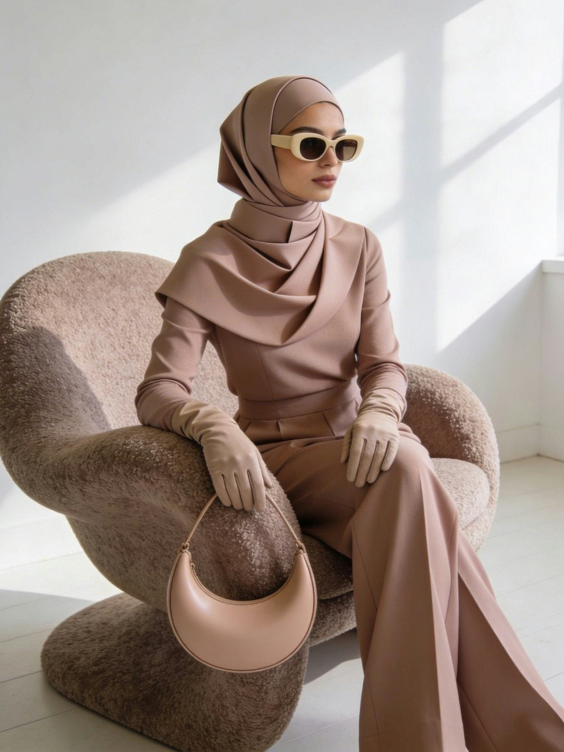 Model seated in the mocha column set, cowl draped at the collar