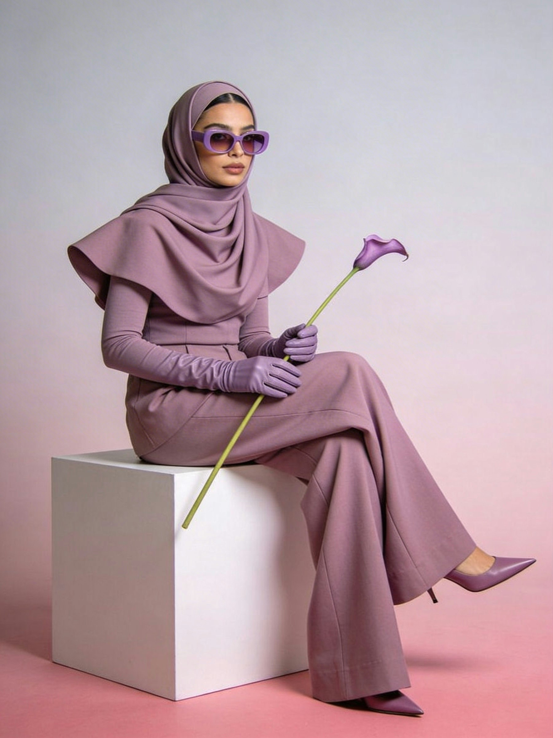 Lavender set styled with a matching hijab