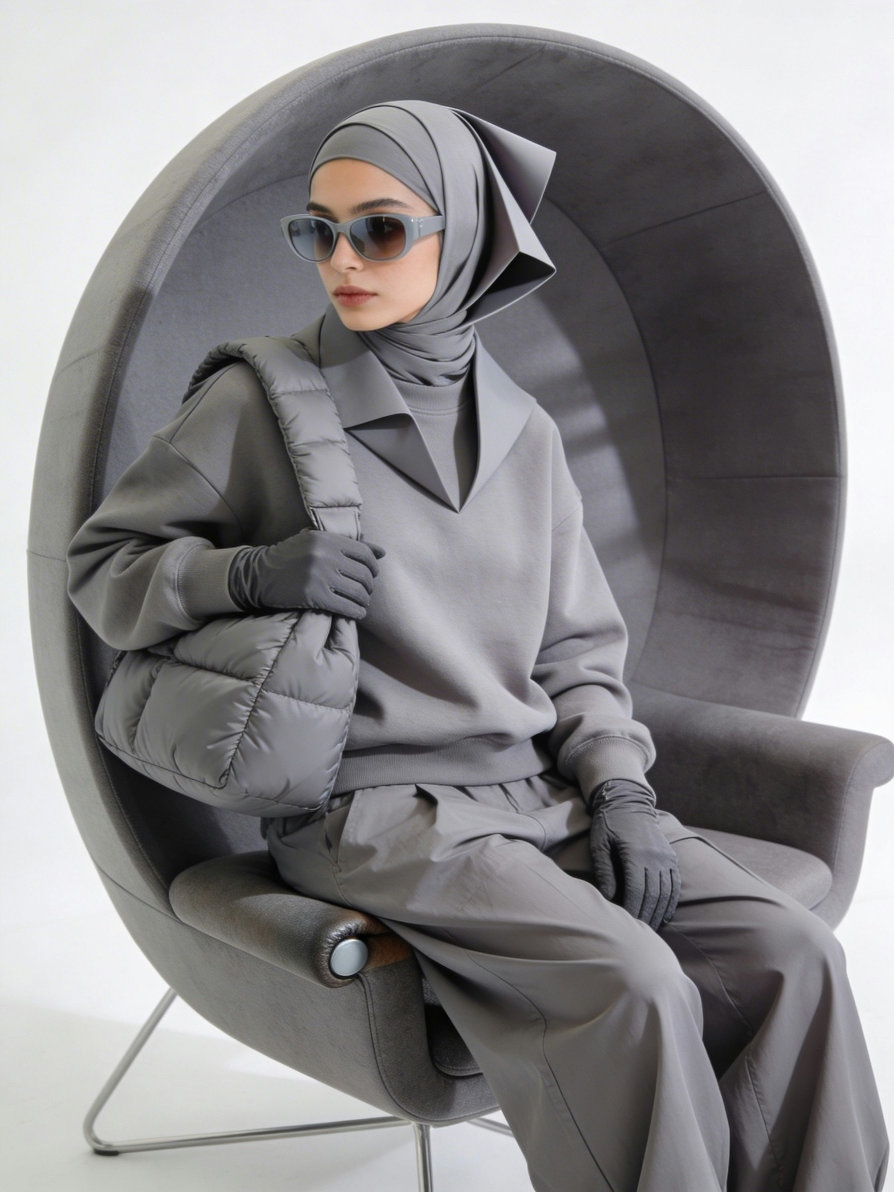 Model in the charcoal draped coat, collar wrapped